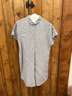 Tahari 100% Linen Blue‎ Stripe Shirt Dress Small Button Front